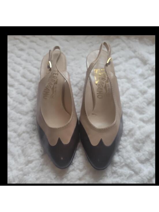 Salvatore Ferragamo Shoes - Salvatore Ferragamo Beige Brown Leather Pointed Toe Slingback Heels US 7 ITALY